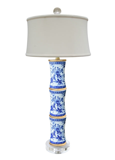 Blue and White Floral Porcelain Bamboo Style Lamp 30"