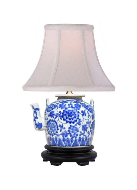 Blue and White Floral Tea Pot Porcelain Lamp 14"