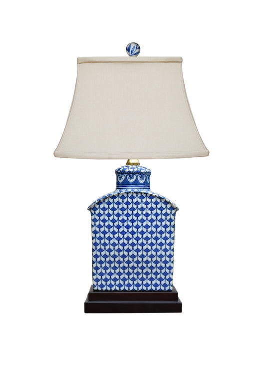 Blue and White Geometric Porcelain Tea Caddy Jar Lamp 17.5"