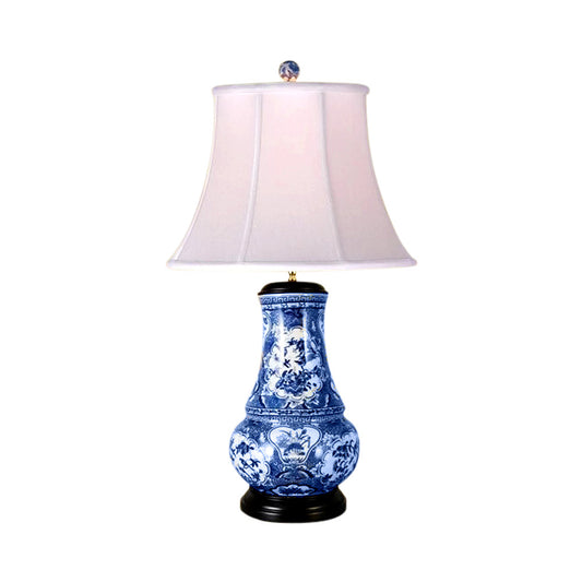 Chinese Blue and White Porcelain Round Vase Floral Bird Motif Table Lamp 30.5"