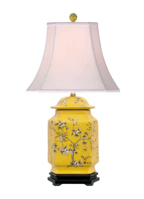 Yellow Hexagonal Jar Floral Motif Table Lamp 25"