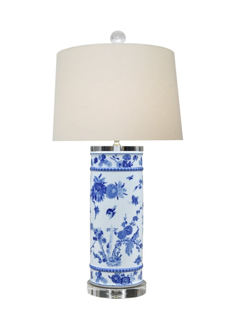 Blue and White Bird Motif Porcelain Vase Table Lamp 29"