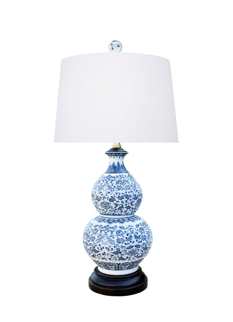 Blue and White Lotus Porcelain Gourd Table Lamp 24"