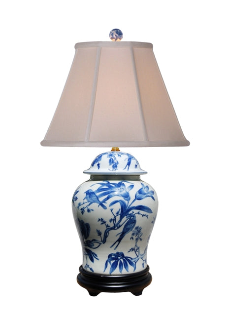 Blue and White Floral Bird Motif Porcelain Temple Jar Table Lamp 29"