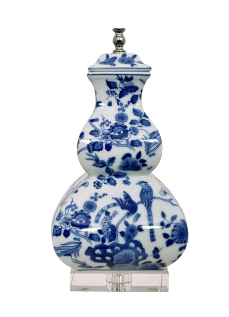 Chinese Blue and White Porcelain Gourd Vase Floral Bird Motif Table Lamp 25"