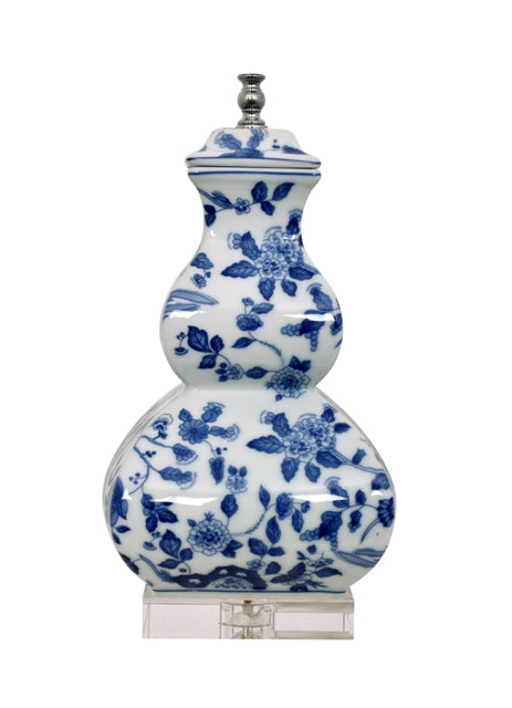 Chinese Blue and White Porcelain Gourd Vase Floral Bird Motif Table Lamp 25"