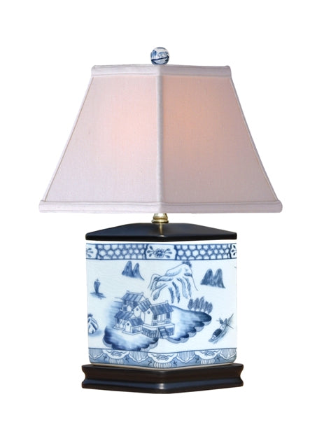 Blue and White Canton Landscape Porcelain Lamp 17"