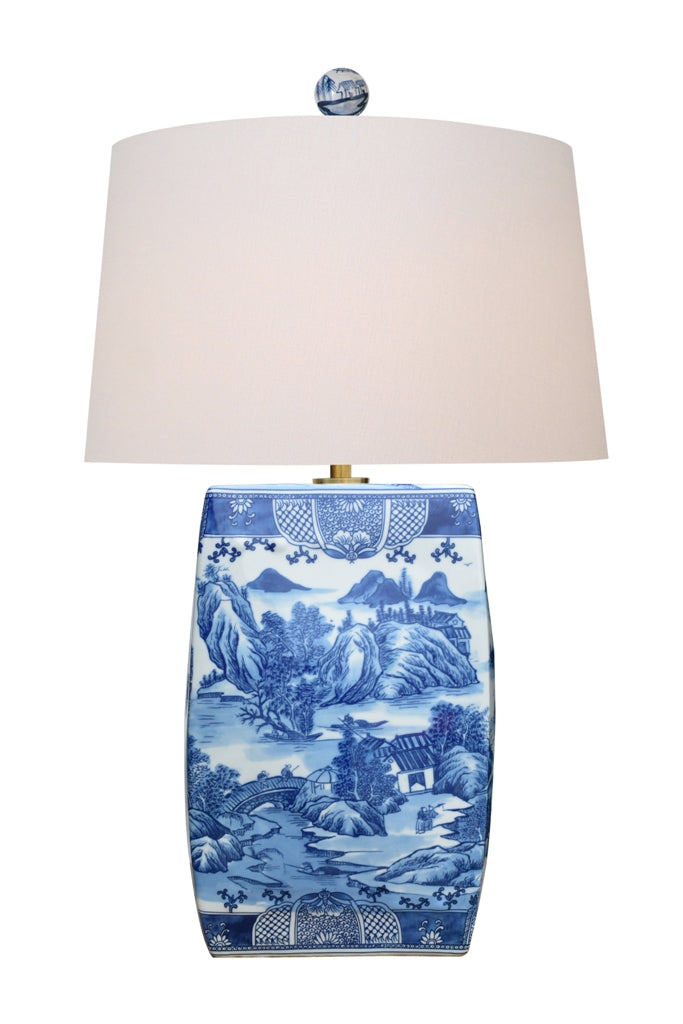 Large Blue and White Square Vase Porcelain Table Lamp 33"