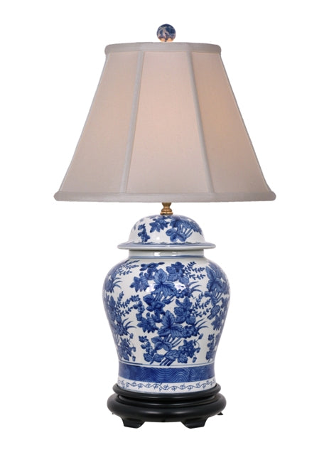 Blue and White Floral Motif Porcelain Temple Jar Table Lamp 29"