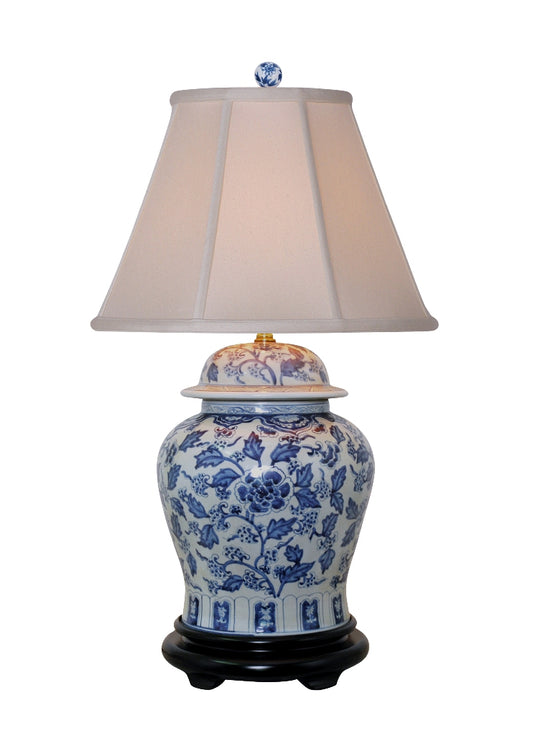 Blue and White Floral Motif Porcelain Temple Jar Table Lamp 29"