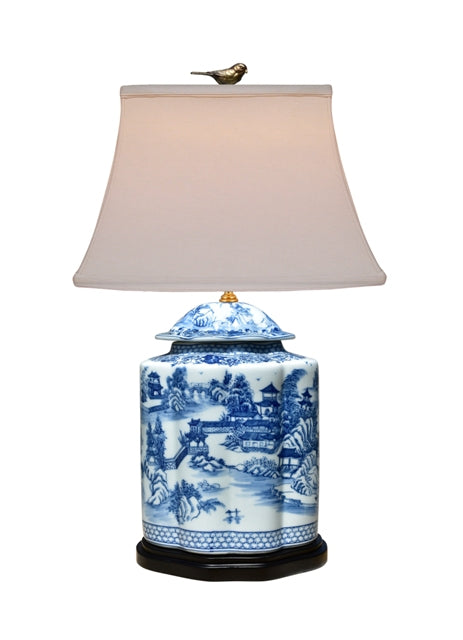 Blue and White Scalloped Blue Willow Jar Porcelain Table Lamp 26"