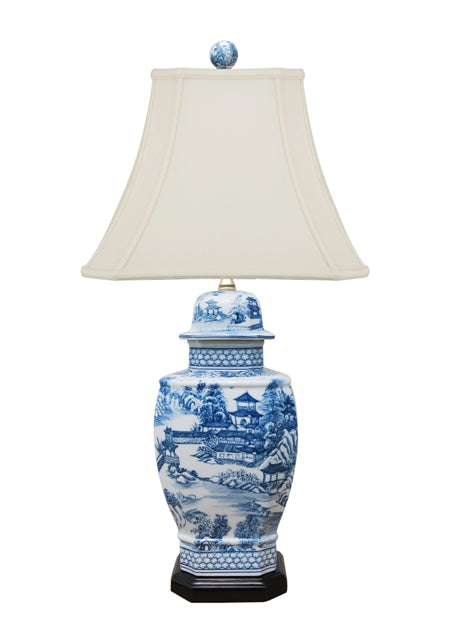 Blue and white Blue Willow Square Chinoiserie Table Lamp 27"
