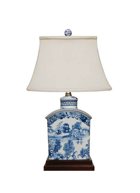 Chinese Blue and White Blue Willow Porcelain Tea Caddy Table Lamp 17.5"