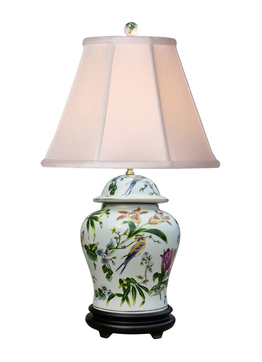 Chinese Porcelain Bird and Floral Motif Temple Jar Table Lamp 29"