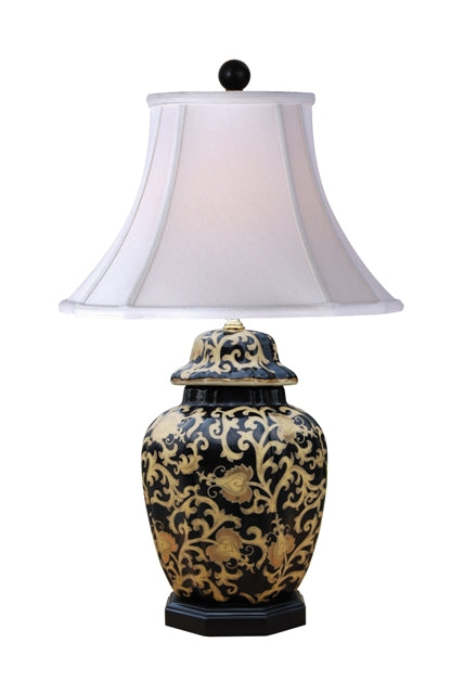 Black and Gold Tapestry Scalloped Jar Table Lamp 26"