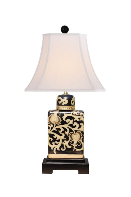 Black and Gold Tapestry Tea Caddy Jar Table Lamp 18"
