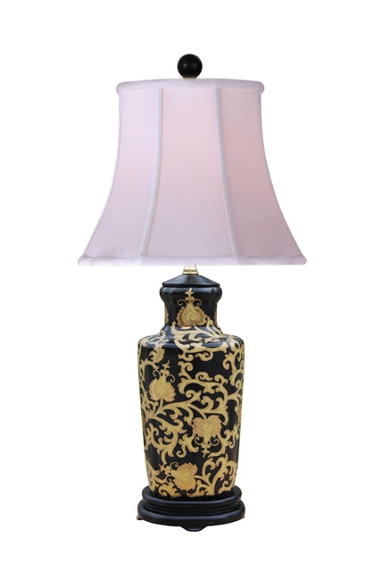 Black and Gold Lotus Tapestry Vase Porcelain Lamp 27"