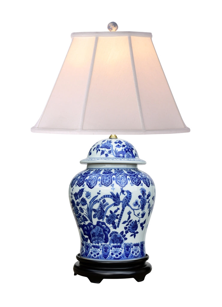Beautiful Blue and White Porcelain Temple Jar Table Lamp Chinoiserie Bird 29"