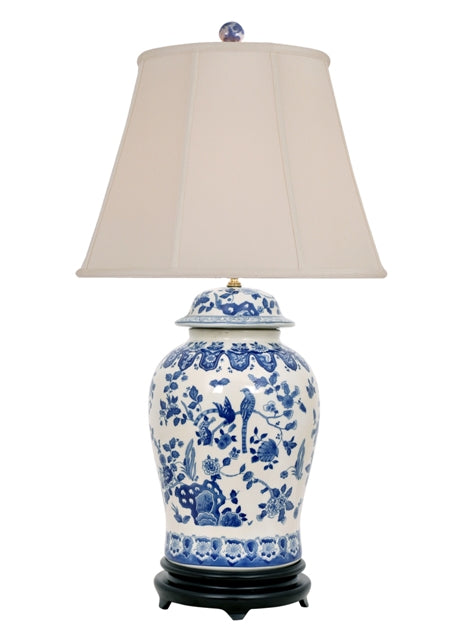 Blue and White Floral Bird Motif Porcelain Temple Jar Table Lamp 33"