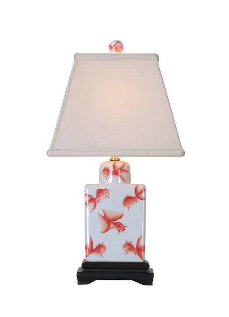 Chinese Porcelain Tea Caddy Orange and White Gold Fish Motif Table Lamp 18"