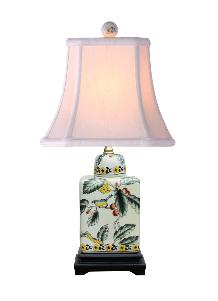Bird and Floral Porcelain Tea Caddy Table Lamp 17"