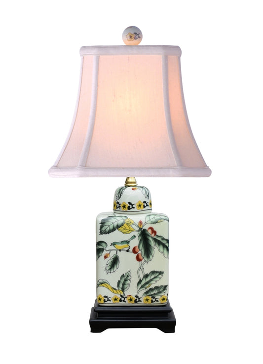 Bird and Floral Porcelain Tea Caddy Table Lamp 17"
