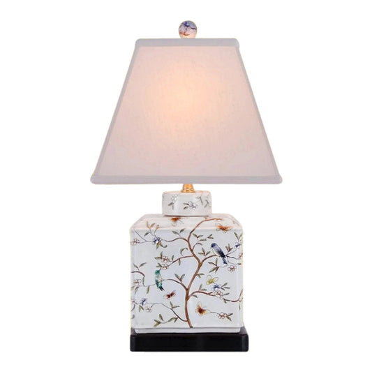 Chinese Porcelain Bird Motif Tea Caddy Table Lamp 20"