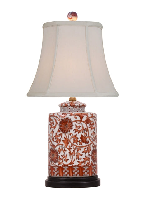 Beautiful Chinese Orange And White Porcelain Tea Jar Lamp Lotus Pattern w Shade