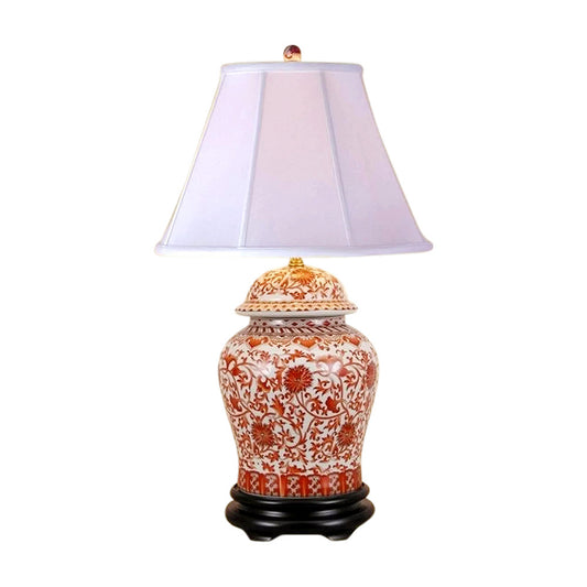 Beautiful Oriental Porcelain Orange And White Ginger Jar Lamp Lotus Pattern 29"