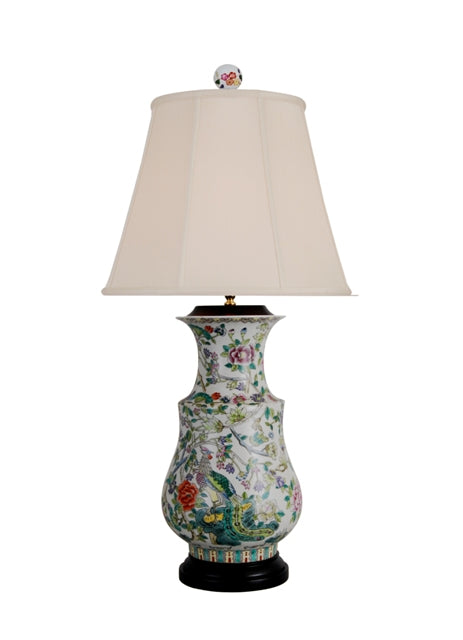 Floral Bird Motif Porcelain Vase Table Lamp 34"