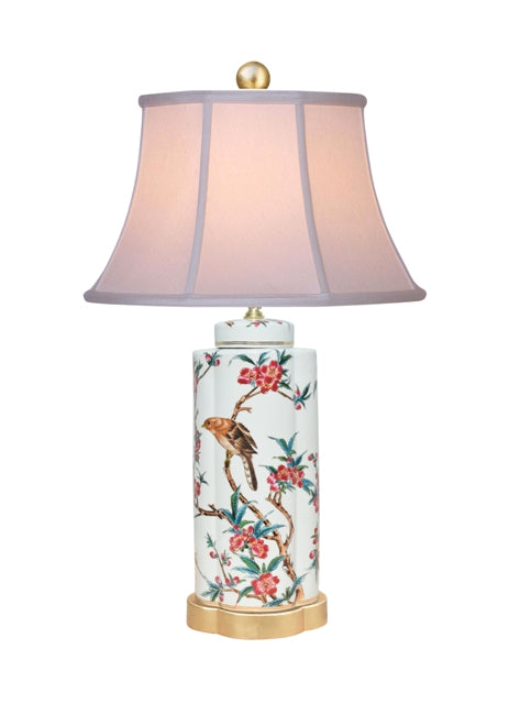 Floral Bird Motif Porcelain Vase Table Lamp 21"