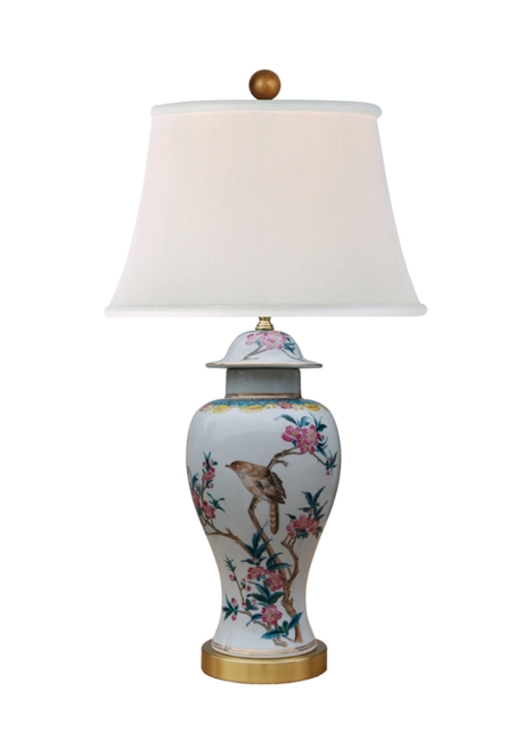 Floral Bird Temple Jar Porcelain Table Lamp 29"