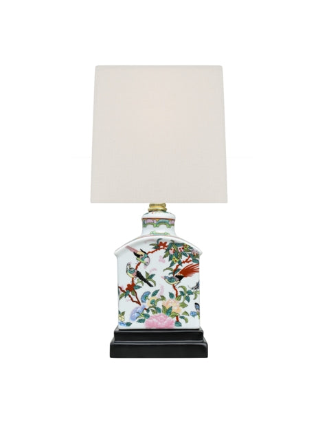 Floral Bird Porcelain Tea Caddy Table Lamp 13"
