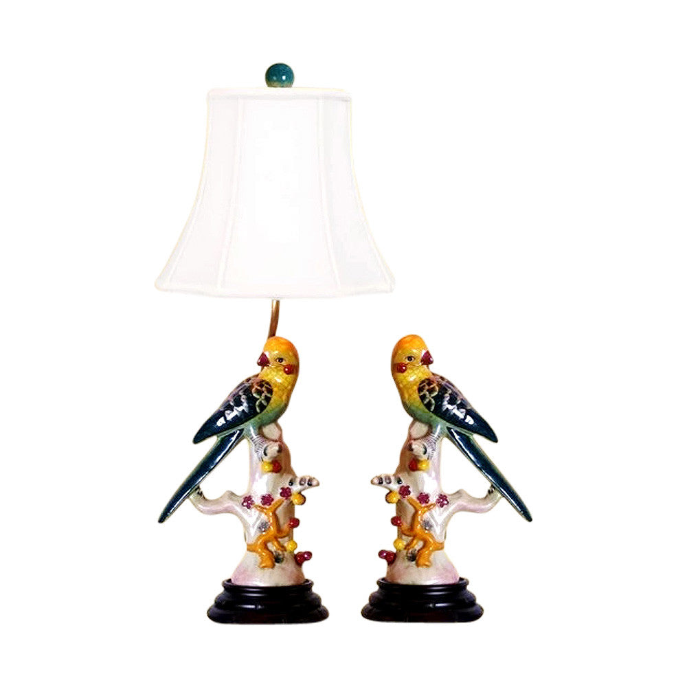 Beautiful Pair of Multi Color Yellow and Green Colored Bird Table Lamp