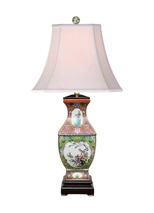 Square Medallion Vase Floral Porcelain Table Lamp 29"