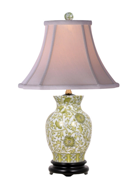 White and Green Twisted Lotus Porcelain Vase Lamp 20.5"