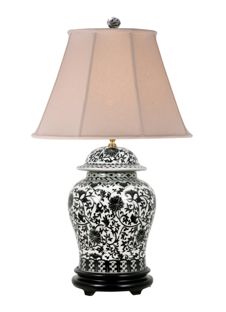 Black and White Floral Pattern Porcelain Temple Jar Table Lamp 29"