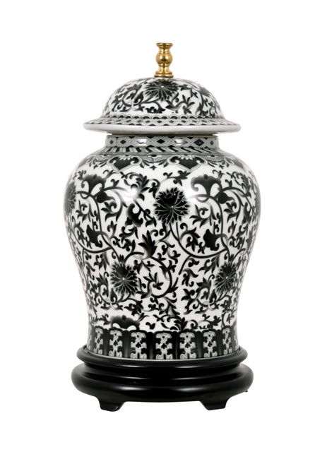 Black and White Floral Pattern Porcelain Temple Jar Table Lamp 29"