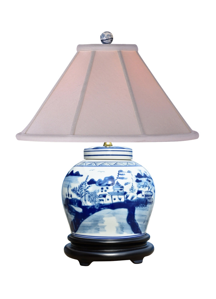 Blue and White Landscape Ginger Jar Motif Porcelain Table Lamp 20"