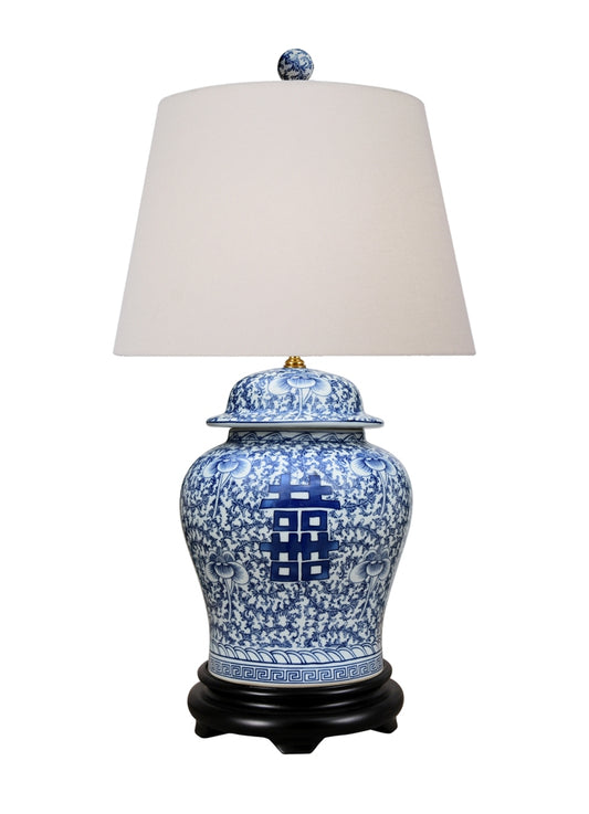 Beautiful Blue and White Porcelain Ginger Jar Table Lamp Double Happiness 28.5"
