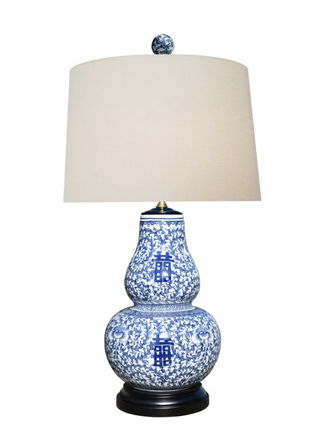 Blue and White Double Happiness Porcelain Gourd Lamp 30"