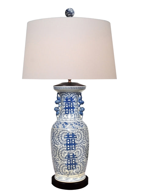 Blue and White Double Happiness Vase Table Lamp 41"