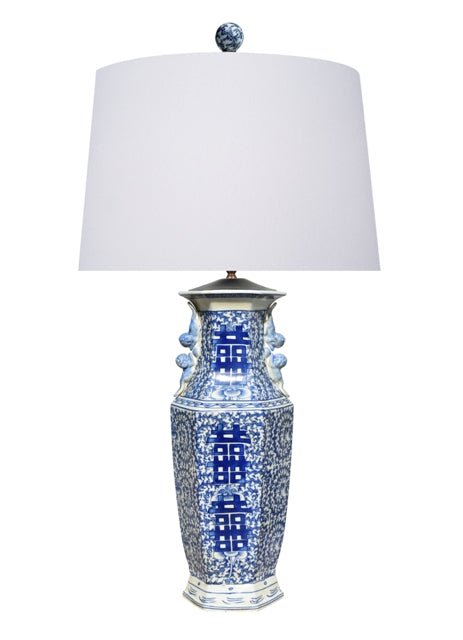 Blue and White Double Happiness Hexagonal Vase Lamp 37"