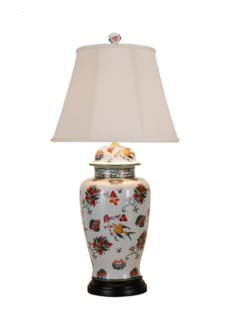 Floral Bird Style Porcelain Temple Jar Table Lamp 30"