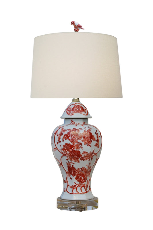 Orange Floral Porcelain Temple Jar Table Lamp 23"