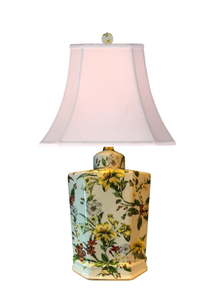 Hexagonal Floral Porcelain Jar Lamp 19.5"