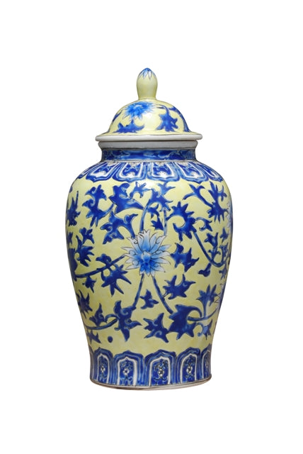 Yellow and Blue Floral Porcelain Jar 10"