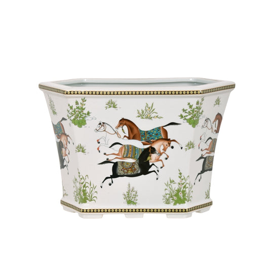 Horse Motif Porcelain Hexagonal Cachepot