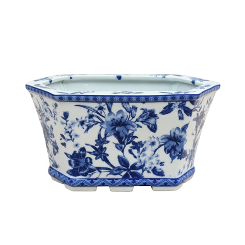 Blue and White Hexagonal Floral Porcelain Cachepot