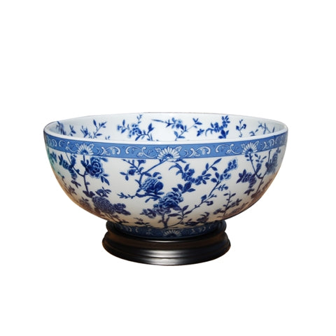 Blue and White Porcelain Floral Bowl 14"